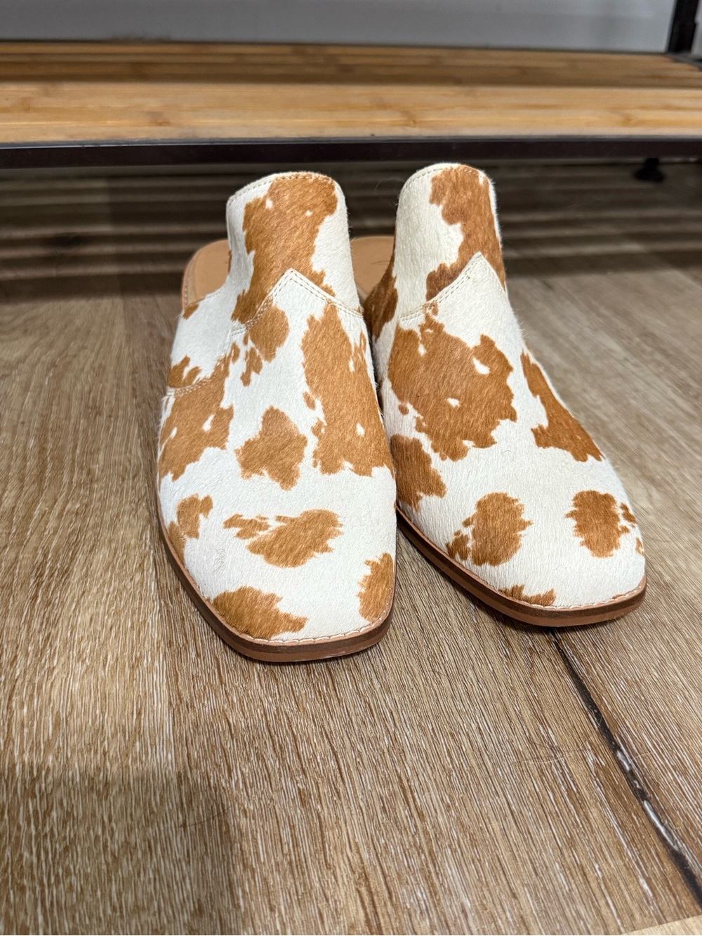Crown Vintage Cowhide-Print Slip-On Mules in White & Brown